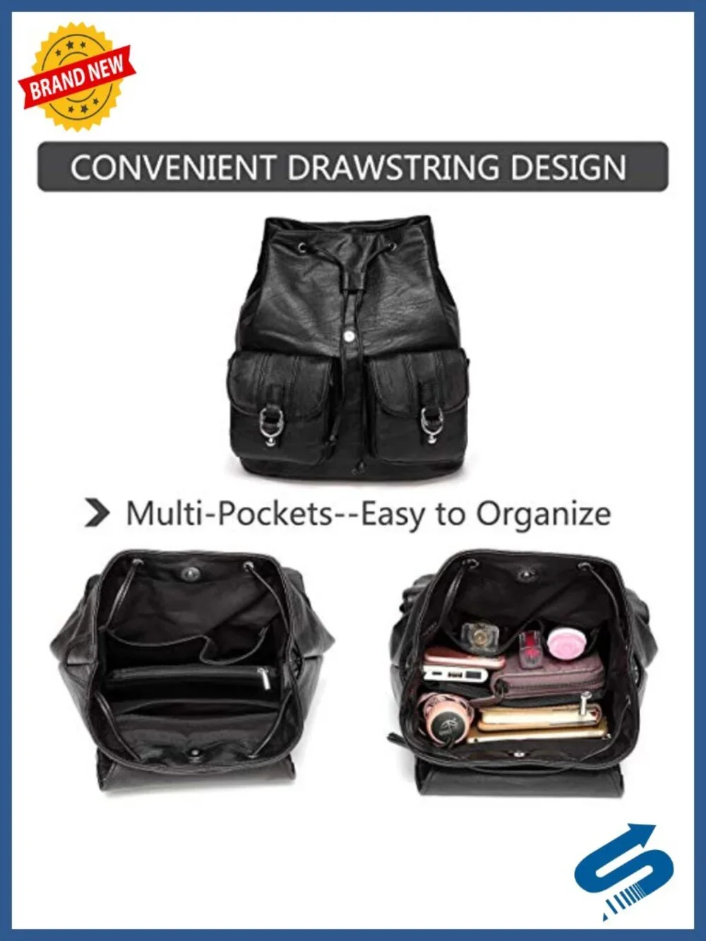 Faux Leather Buckle Flap Drawstring Backpack Purse with Two Front Pockets for